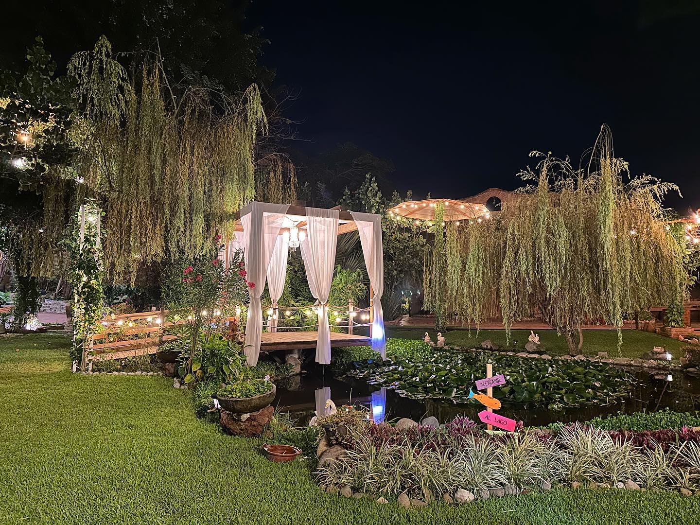 Jardín nocturno iluminado con puente y lago